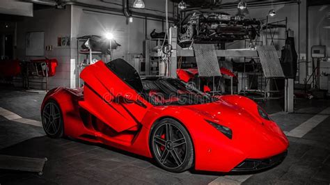 Red Sports Car Marussia B1 Raised on a Lift in a Car Repair Shop, Rear Bumper and Spoiler ...