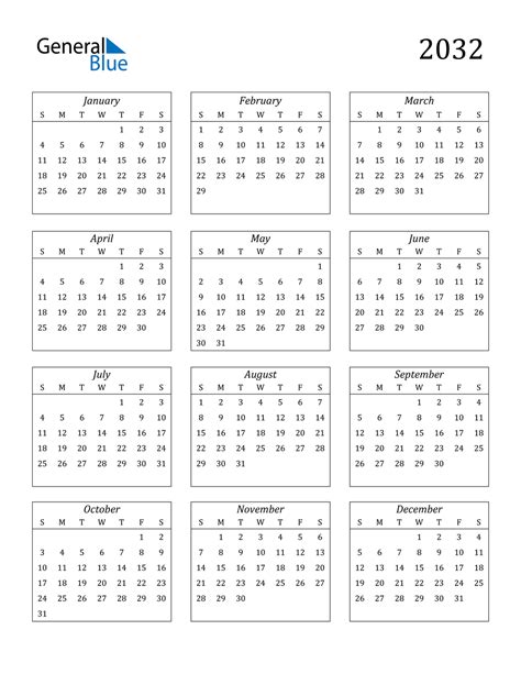 2032 Calendar (PDF, Word, Excel)