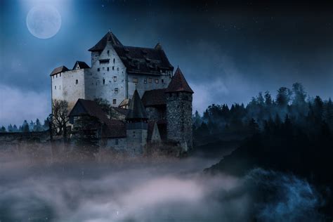 Download Full Moon Fog Night Man Made Castle 4k Ultra HD Wallpaper