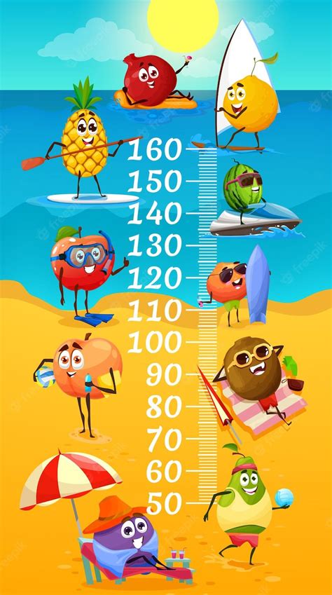 Premium Vector | Kids height chart funny fruits on summer beach