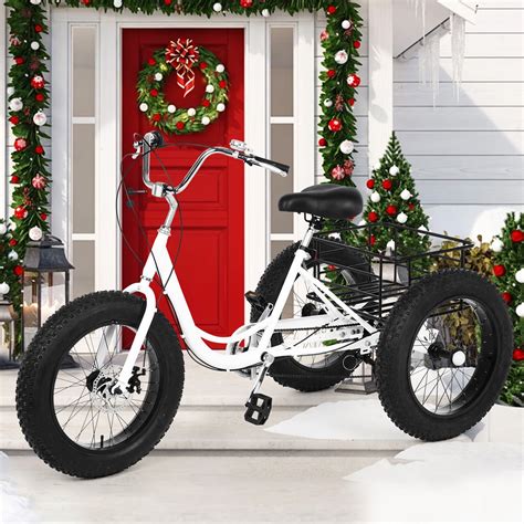 Adult Fat Tire Tricycle 20-Inch Wheels And 7-Speed Rear Cargo Basket ...