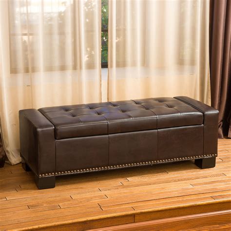 Renata Tufted Brown Leather Rectangle Storage Ottoman Bench | Leather storage ottoman, Storage ...