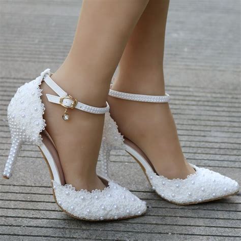 White lace wedding shoes Elegant heels thin heels pointed toe high heels wedding lace heels -in ...