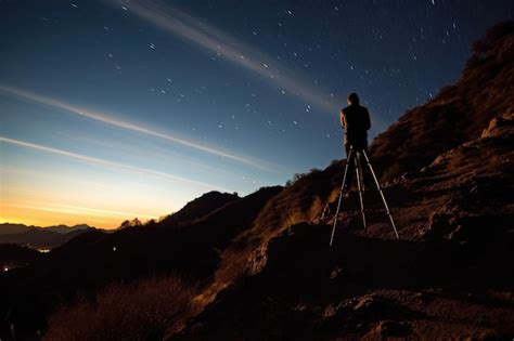 Premium AI Image | A stargazer perches on a hill his telescope pointed ...