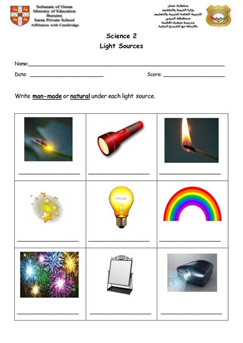 Light sources worksheet 2