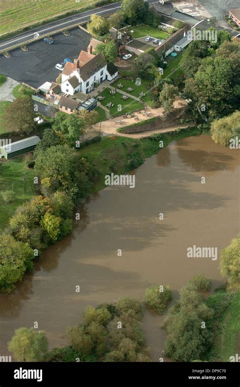 Aerial view of The Riverside Inn pub next to River Severn at Cound in Shropshire Uk Stock Photo ...