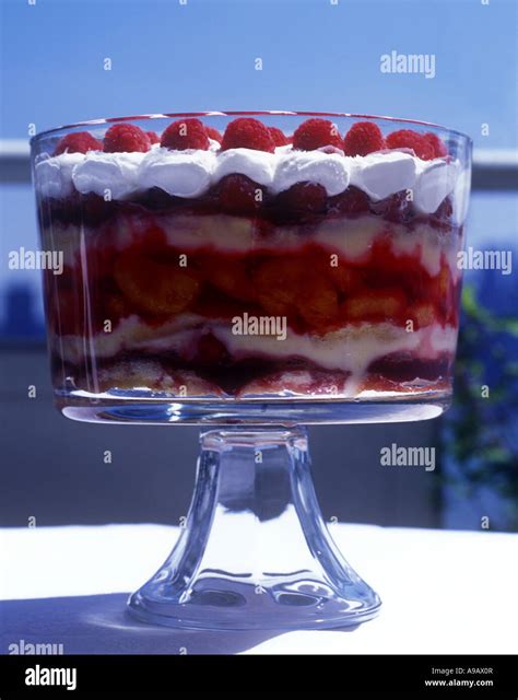 TRADITIONAL ENGLISH SUMMER SHERRY TRIFLE DESSERT IN GLASS BOWL Stock ...