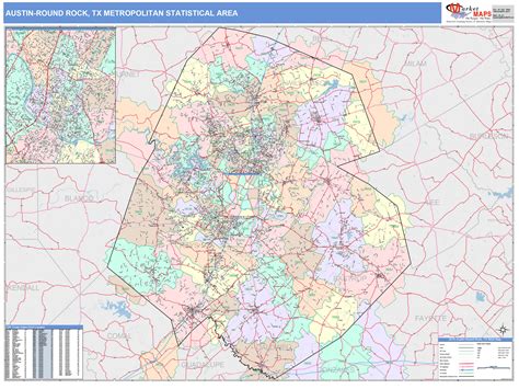 Austin-Round Rock, TX Metro Area Wall Map Color Cast Style by MarketMAPS