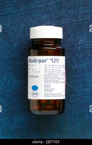 Madopar Parkinson's disease medication. Capsules of the medication Madopar, which is used to ...