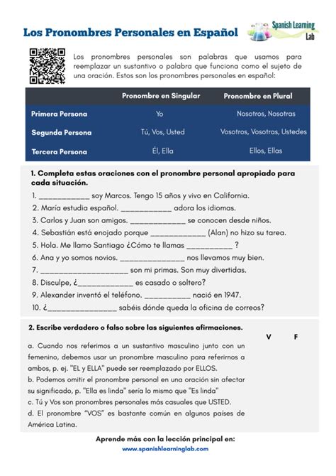 Subject Pronouns in Spanish - PDF Worksheet - Spanish Learning Lab