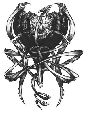 Wonderful black-ink horned demon head with sharp clutchers tattoo design - Tattooimages.biz