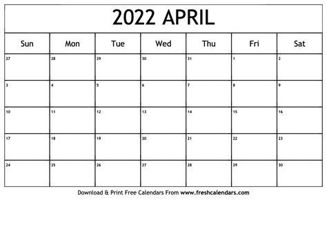 Blank Printable April 2022 Calendars