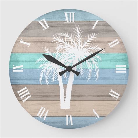 Rustic Beach Wood Nautical and Stripes Palm Trees Large Clock | Zazzle