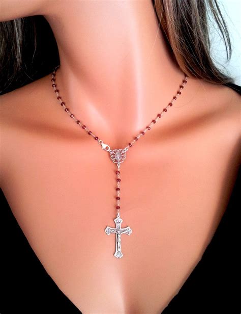 Sterling Silver Rosary Necklace for Women Garnet Cros Necklaces | Rosary necklace, Sobriety ...