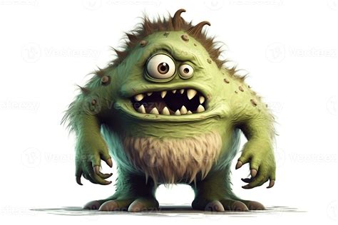 Funny green cartoon monster on white background. Scary creature. Cute ...