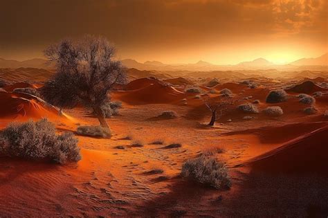 Premium AI Image | A desert scene with a sunset in the background.