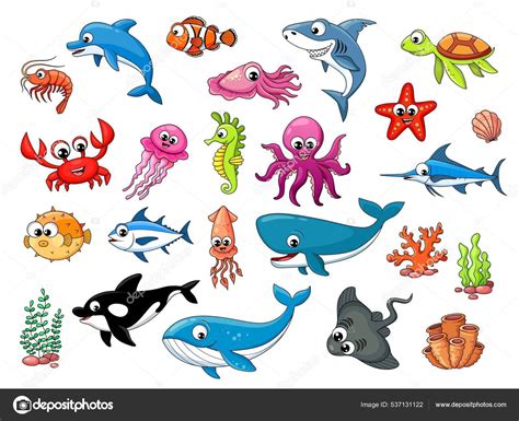 Cartoon Underwater Animals Characters Vector Fishes Ocean Sea Funny Undersea Stock Vector by ...