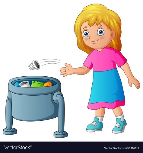 Young girl throwing garbage in trash bin Vector Image