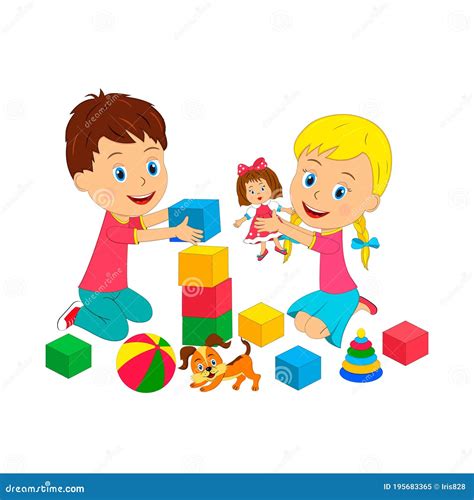 Cartoon Little Kids Play with Toys Stock Vector - Illustration of ...