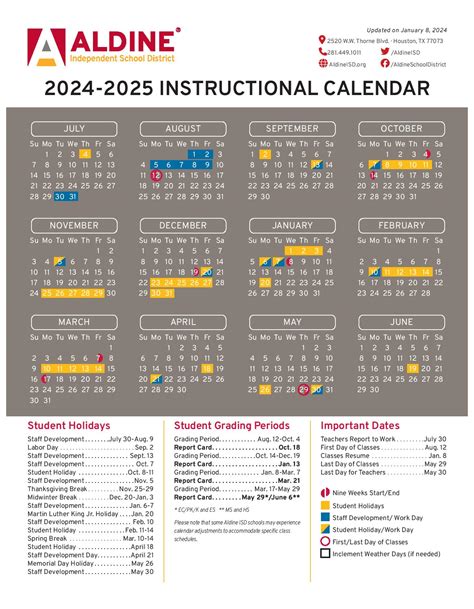 Aldine Independent School District Calendar 2024-2025 in PDF