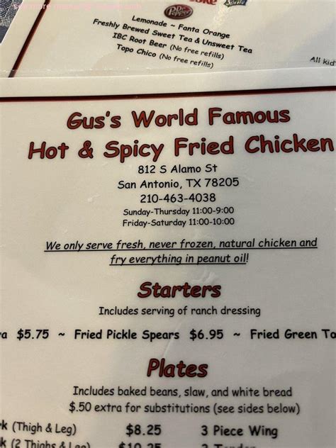 Online Menu of Gus's World Famous Fried Chicken - San Antonio ...