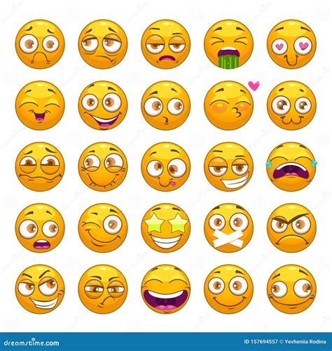 Funny Cartoon Yellow Faces Set. Emoji Face Collection Stock Vector - Illustration of eyes ...