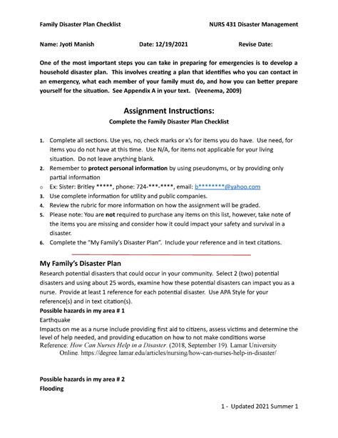 Family Disaster Plan Checklist for Disaster Management Class N431 ...