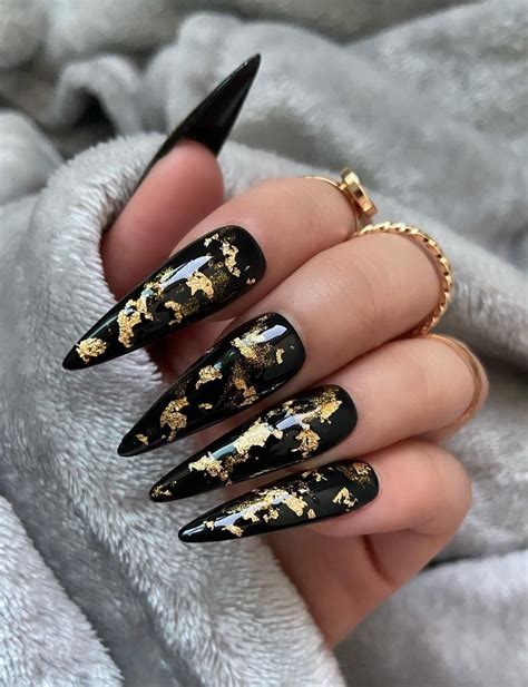 Black and Gold Flake Press On Nails Fake Nails False Nail | Etsy Black Gold Nails, Gold Acrylic ...