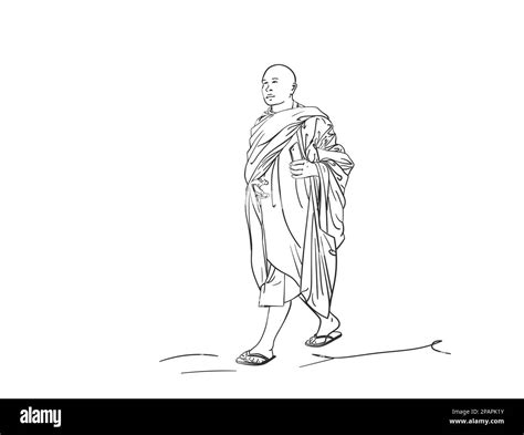 Sketch of walking buddhist monk with smart phone in hand, Hand drawn vector linear illustration ...