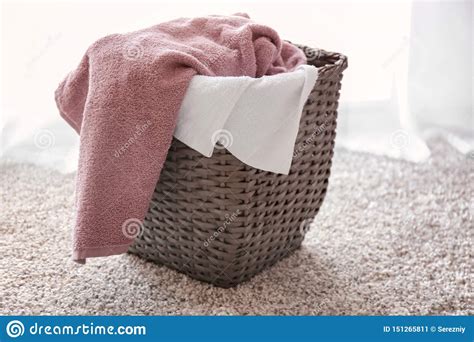 Laundry Basket with Dirty Towels on Floor in Room Stock Image - Image of home, dirty: 151265811