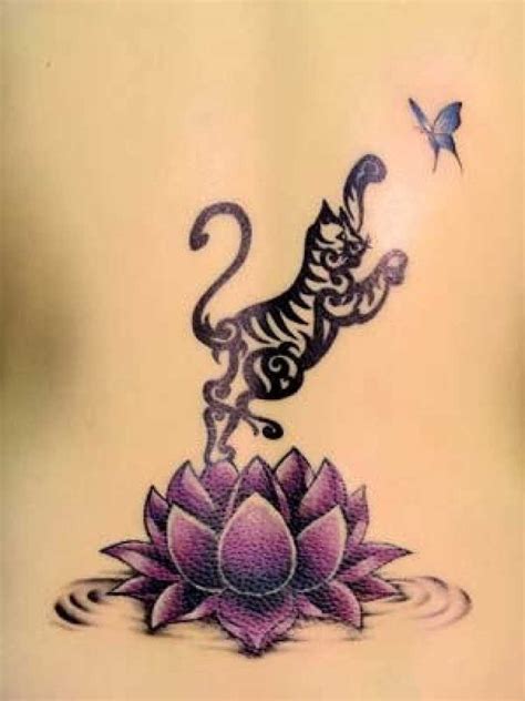 Black tiger catching a butterfly on a lotus flower tattoo ...