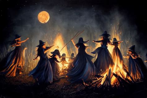 Witches dancing around a bonfire in the moonlight, | Midjourney