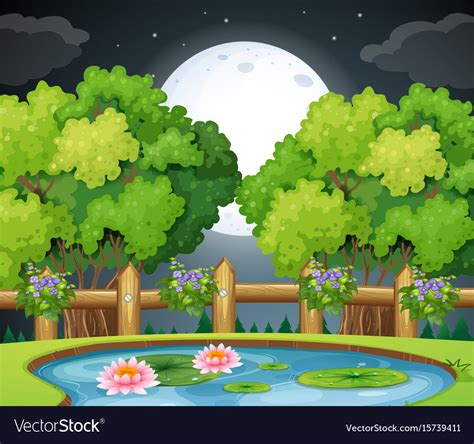 Pond scene at night time Royalty Free Vector Image