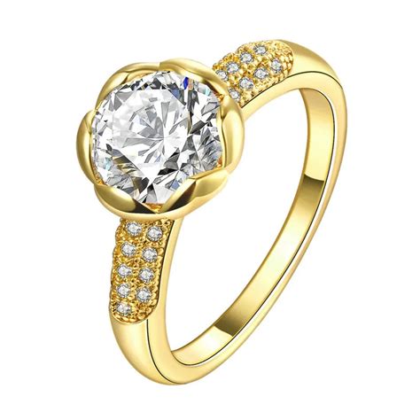 Real 24K Gold Filled Wedding Rings For Women Romantic Flower Shaped Inlay 1.5 Carat CZ Diamant ...