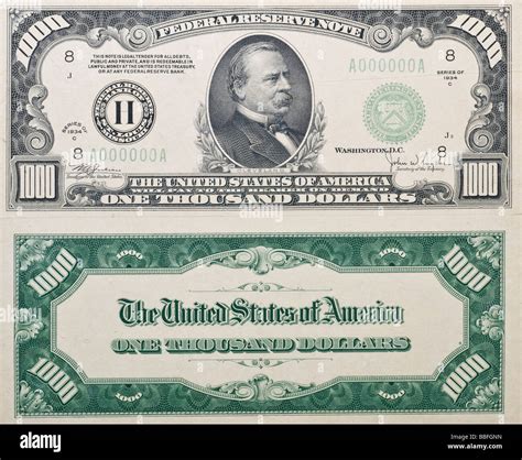 Both sides of a real antique Thousand Dollar Bill from 1934 no longer in circulation shows ...