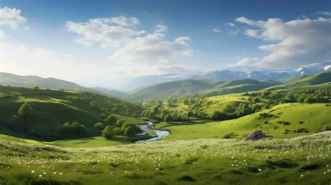 Premium AI Image | Green hills and spring flowers landscape