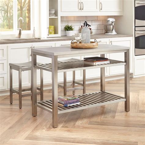 Home Styles Brushed Satin Stainless Steel Kitchen Island with Bar Stools-5617-948 - The Home Depot