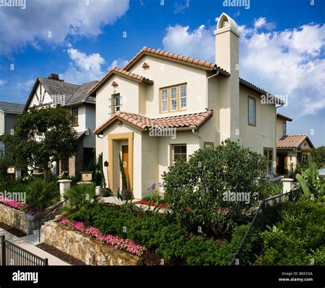 Front exterior contemporary Spanish style home Stock Photo - Alamy