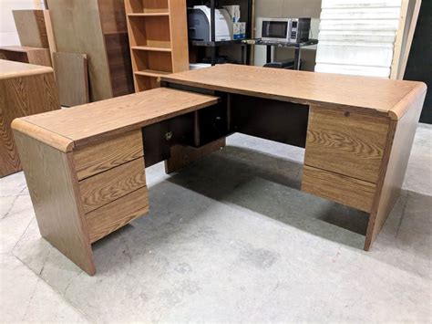 Oak Laminate L Shape Desk with Drawers