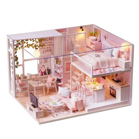 DIY Miniature Loft Dollhouse Kit Realistic Mini 3D Pink Wooden House Room Toy with LED Lights ...