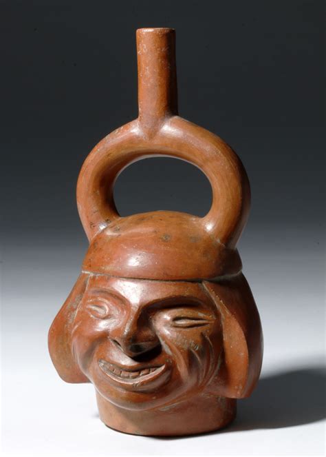 Amusing Moche Pottery Portrait Stirrup Vessel