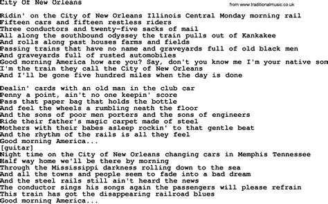 Willie Nelson song: City Of New Orleans, lyrics