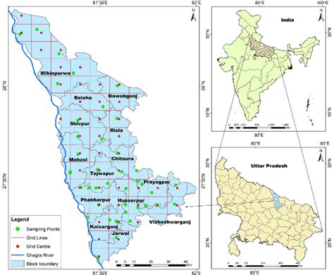 Location map of Bahraich district showing block boundary and sampling grids | Download ...