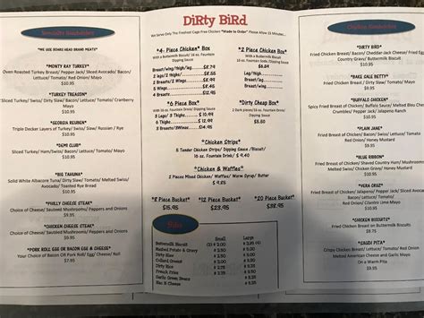 Menu at Dirty Bird restaurant, Morgantown