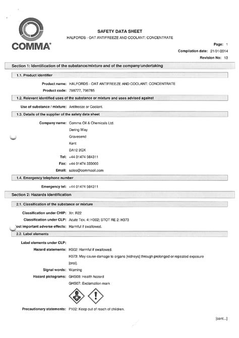 HALFORDS - OAT ANTIFREEZE AND COOLANT: CONCENTRATE MSDS Download