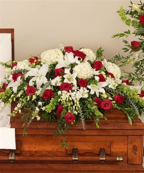 Classic Red and White Casket Spray - Deluxe - Half Casket (Shown- Approx. 44"W x 15"H) | Casket ...