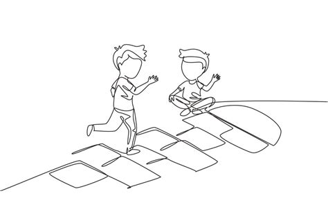 Single continuous line drawing two little boys playing hopscotch at ...