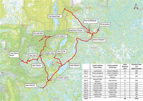 Map of the hike showing the route, camp sites and other points of ...