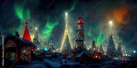 Winter city christmas northern lights with buildings Stock Illustration ...