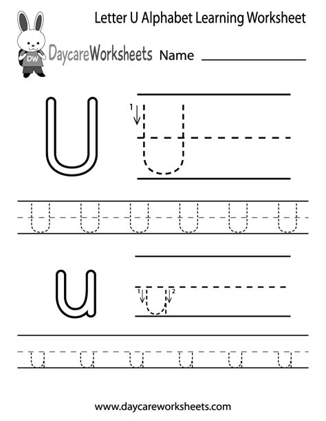 Free Printable Letter U Alphabet Learning Worksheet for Preschool